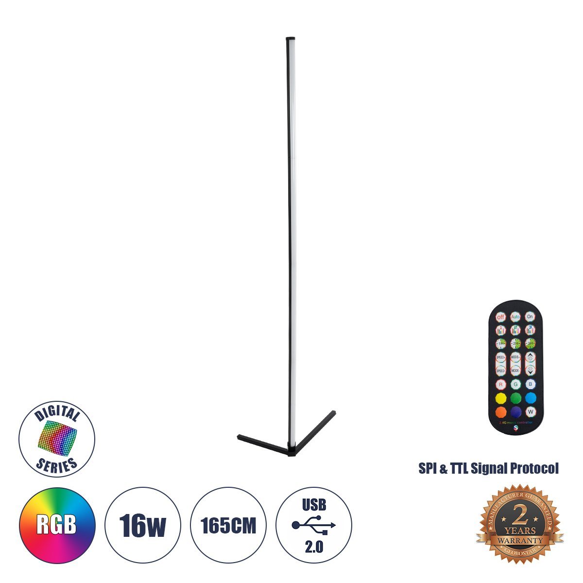 90763_00 GLOBOSTAR® DIGICOLUMN 90763 Μοντέρνο Επιδαπέδιο Γραμμικό Ψηφιακό Φωτιστικό Digital Pixel Symphony Bar με RF Ασύρματο Χειριστήριο LED 16W 1280lm 180° DC 5V με USB 2.0 IP20 Πολύχρωμο RGB Dimmable - Μαύρο - Φ3 x Υ165cm - 2 Χρόνια Εγγύηση - Image 1