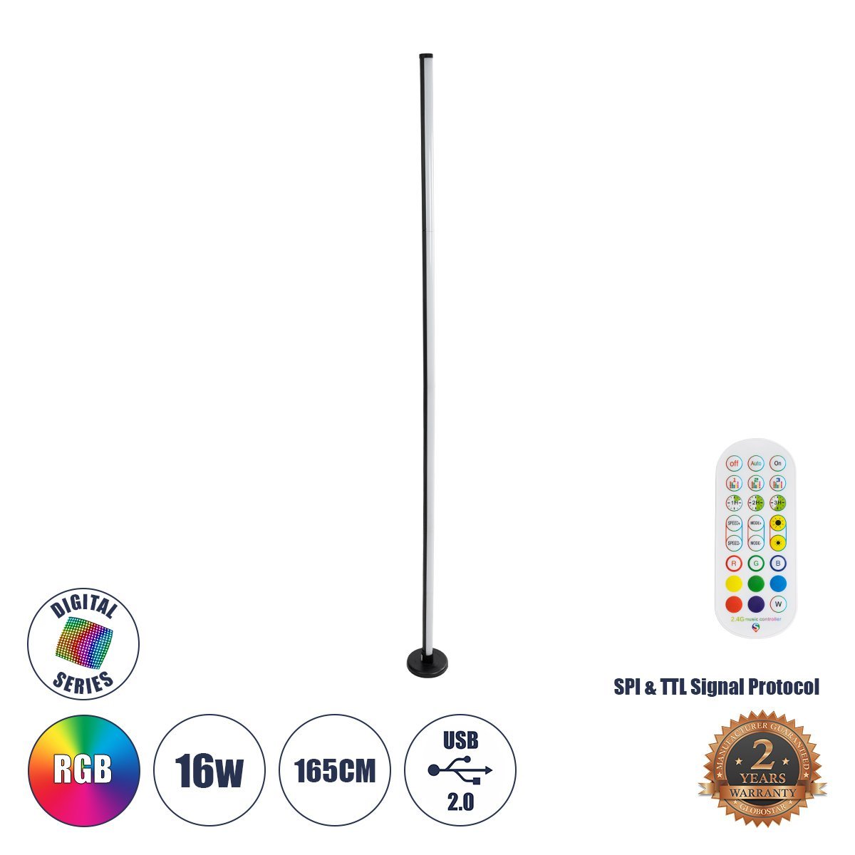 90764_00 GLOBOSTAR® DIGICOLUMN 90764 Μοντέρνο Επιδαπέδιο Γραμμικό Ψηφιακό Φωτιστικό Digital Pixel Symphony Bar με RF Ασύρματο Χειριστήριο LED 16W 1280lm 180° DC 5V με USB 2.0 IP20 Πολύχρωμο RGB Dimmable - Μαύρο - Φ3 x Υ165cm - 2 Χρόνια Εγγύηση - Image 1