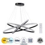 GLOBOSTAR® DIAMOND TRIO 61140-DECO Μοντέρνο Κρεμαστό Φωτιστικό Οροφής LED 150W 18379lm 360° AC 220-240V IP20 Ρυθμιζόμενο Λευκό CCT με Χειριστήριο από 2700K έως 6000K Dimmable - Lumileds SMD Chip - Μαύρο Ματ - Μ100 x Π100 x Υ100cm - 3 Χρόνια Εγγύηση