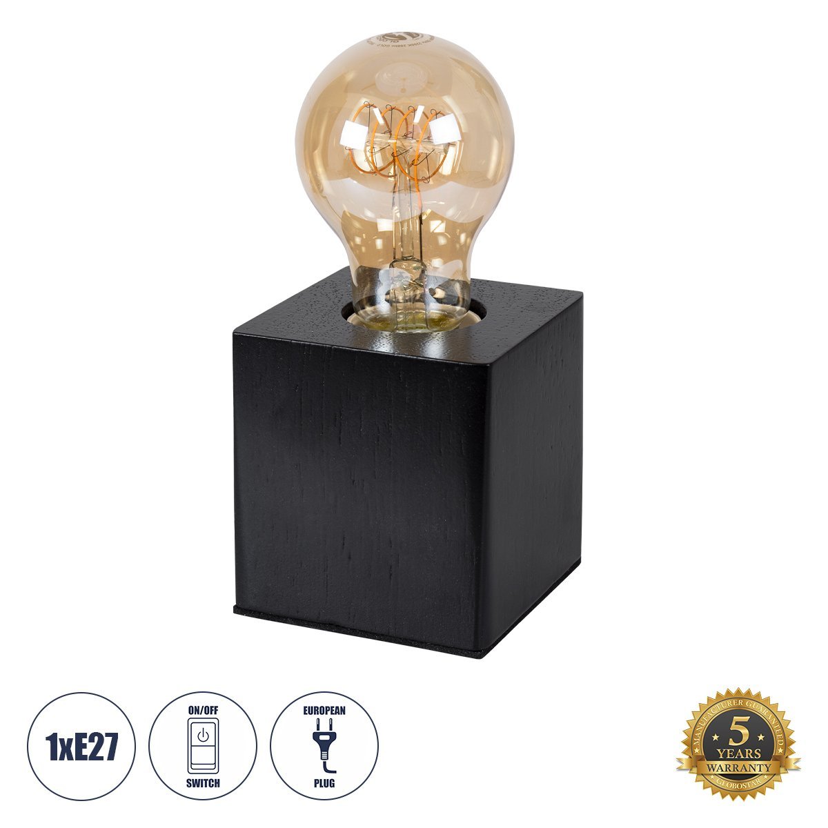 99407_0 GLOBOSTAR® WOODBOX 99407 Μοντέρνο Επιτραπέζιο Φωτιστικό Πορτατίφ με Ντουί 1 x E27 AC 220-240V IP20 - Μαύρο - Μ7.6 x Π7.6 x Υ8.2cm - Image 1