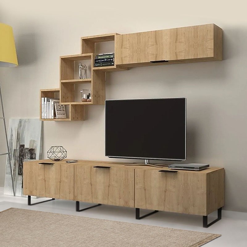 GP028-00871-0 Σύνθεση τηλεόρασης Heydar Megapap χρώμα φυσικό οξιάς 210x35x50εκ. - Image 1