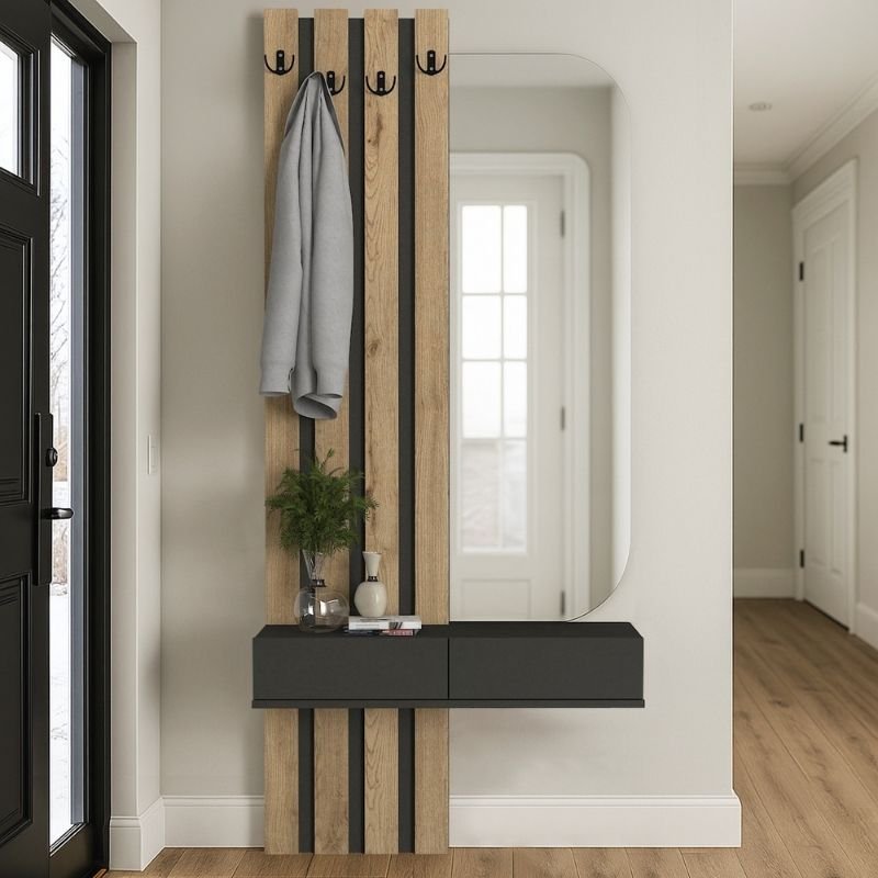 GP042-03601-0 Έπιπλο εισόδου Reyas Megapap χρώμα ανθρακί - sepet oak 90x27x205,6εκ. - Image 1