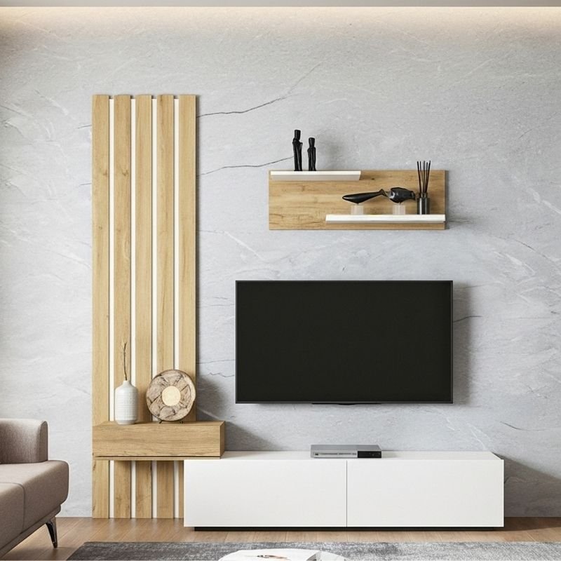 GP042-03642-0 Σύνθεση τηλεόρασης Rosaline Megapap χρώμα λευκό - sepet oak 183x31,3x196,9εκ. - Image 1