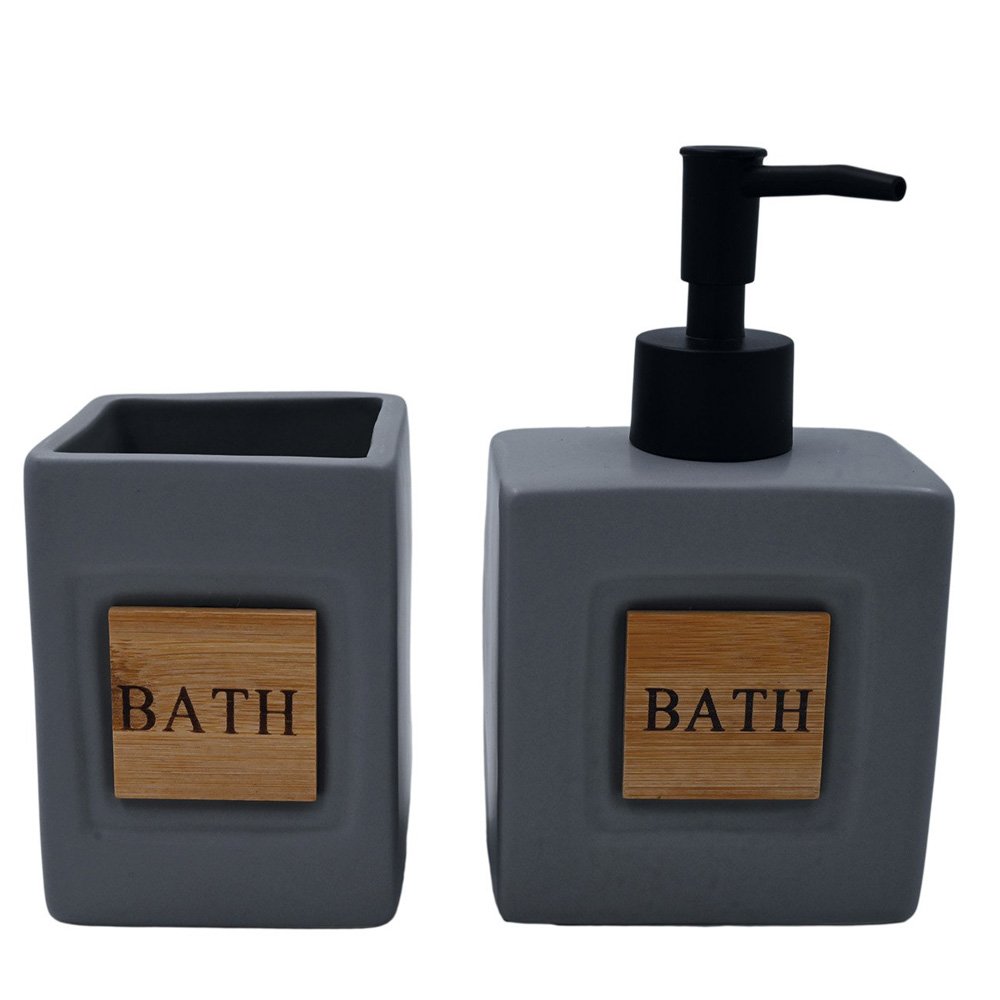 Σετ bamboo Γκρί Σετ Μπάνιου “Bath Bamboo” Γκρί - Dispenser & Ποτήρι - Image 1