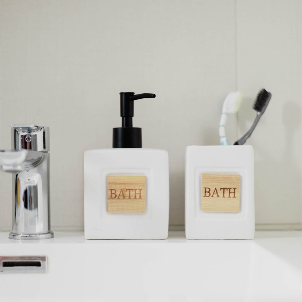 Σετ bamboo Λευκό Σετ Μπάνιου “Bath Bamboo” Λευκό - Dispenser & Ποτήρι - Image 1