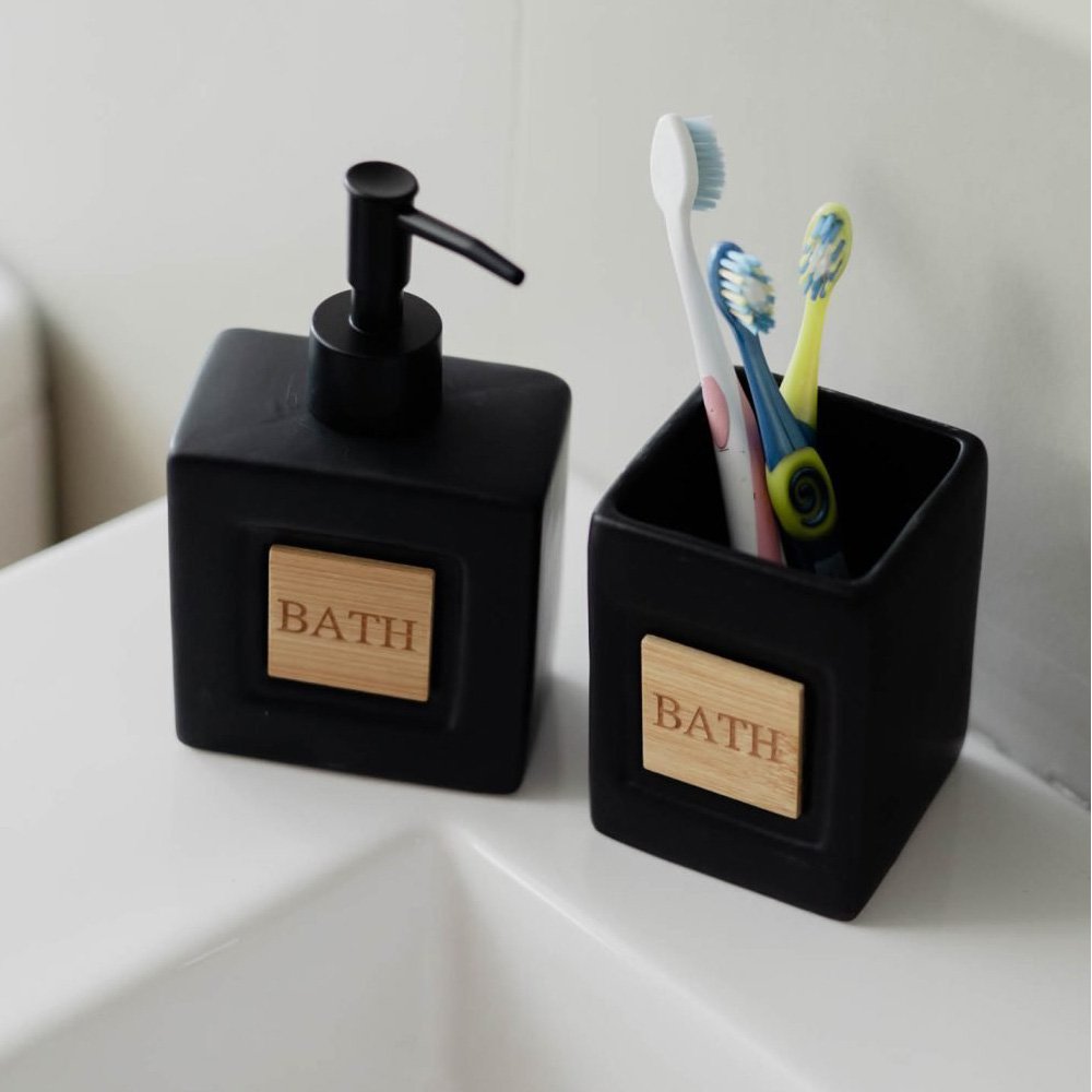Σετ bamboo Μαύρο Σετ Μπάνιου “Bath Bamboo” Μαύρο - Dispenser & Ποτήρι - Image 1
