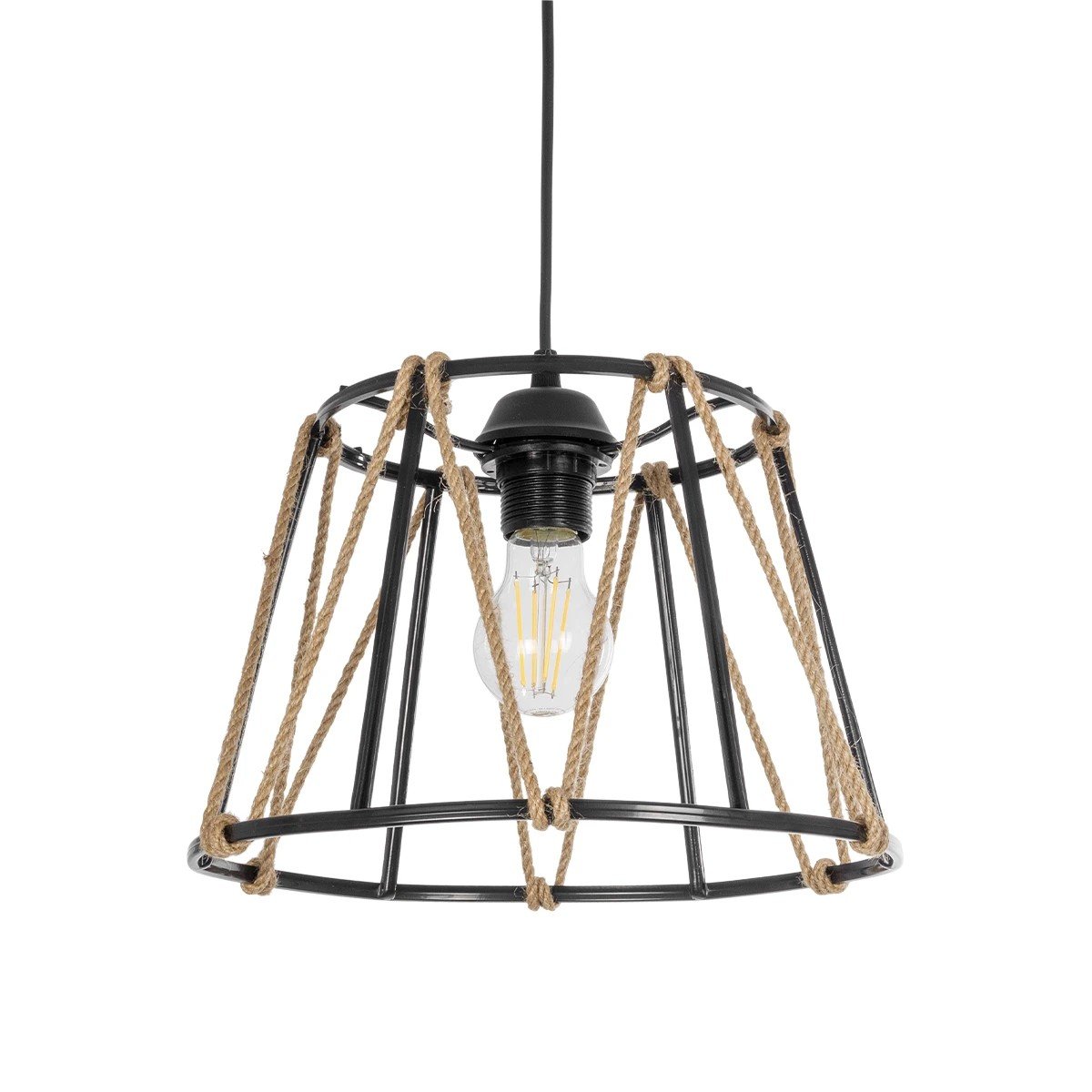 203_0090_0 GLOBOSTAR® JUTE 203-0090 Μοντέρνο Κρεμαστό Φωτιστικό Οροφής με Ντουί 1 x E27 AC 220-240V IP20 - Μαύρο & Μπεζ - Μ30 x Π30 x Υ23cm - Image 1