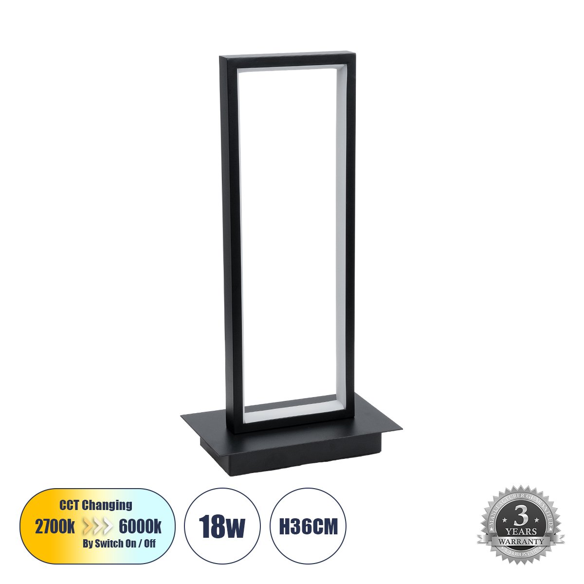 60460_0 GLOBOSTAR® CORNELIE 60460 Μοντέρνο Επιτραπέζιο Φωτιστικό LED CCT 18W 1980lm 200° AC 220-240V IP20 Ρυθμιζόμενο Λευκό CCT με On/Off 2700K/4500K/6000K - Lumileds SMD Chip - Mαύρο - Μ18 x Π10 x Υ36cm - 3 Χρόνια Εγγύηση - Image 1