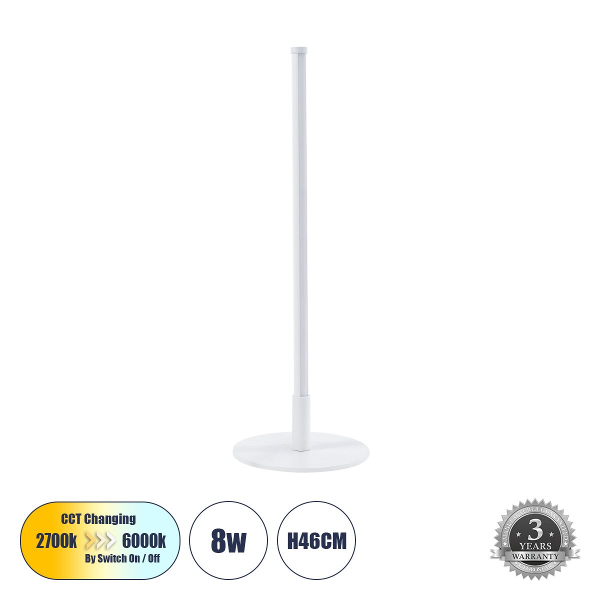 60468_0 GLOBOSTAR® DALUMA 60468 Μοντέρνο Επιτραπέζιο Φωτιστικό LED 8W 880lm 200° AC 220-240V IP20 Ρυθμιζόμενο Λευκό CCT με On/Off 2700K/4500K/6000K - Lumileds SMD Chip - Λευκό - Μ15 x Π15 x Υ46cm - 3 Χρόνια Εγγύηση - Image 1