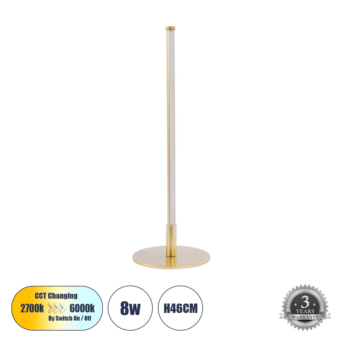 60469_0 GLOBOSTAR® DALUMA 60469 Μοντέρνο Επιτραπέζιο Φωτιστικό LED 8W 880lm 200° AC 220-240V IP20 Ρυθμιζόμενο Λευκό CCT με On/Off 2700K/4500K/6000K - Lumileds SMD Chip - Χρυσό - Μ15 x Π15 x Υ46cm - 3 Χρόνια Εγγύηση - Image 1