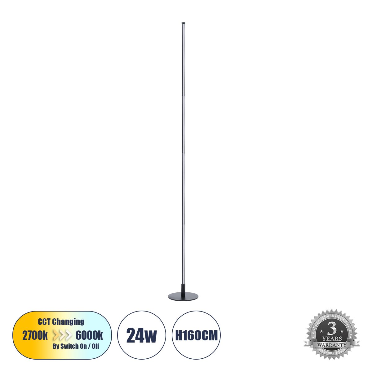 60470_0 GLOBOSTAR® DALUMA 60470 Μοντέρνο Επιτραπέζιο Φωτιστικό LED 24W 2640lm 200° AC 220-240V IP20 Ρυθμιζόμενο Λευκό CCT με On/Off 2700K/4500K/6000K - Lumileds SMD Chip - Μαύρο - Μ18 x Π18 x Υ160cm - 3 Χρόνια Εγγύηση - Image 1