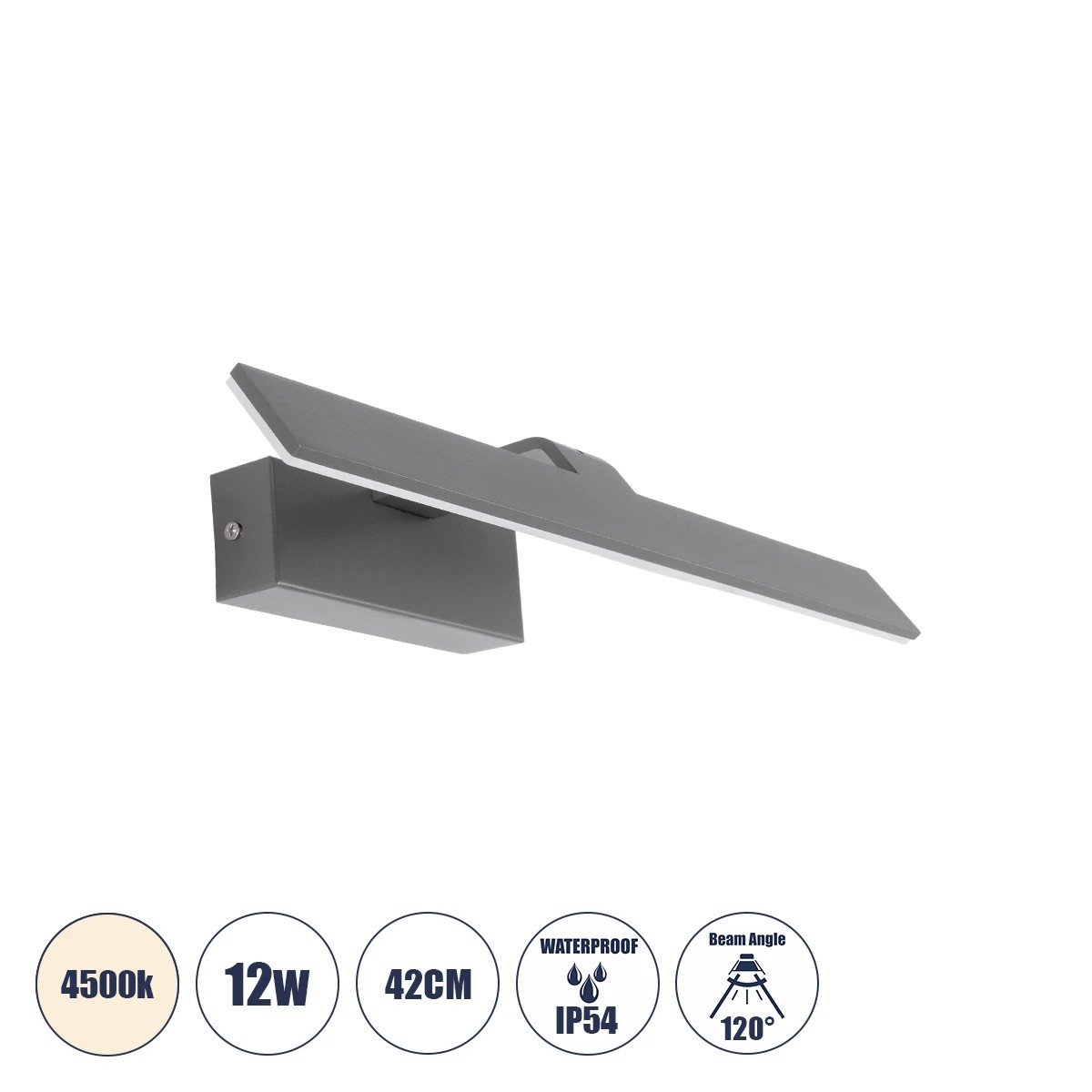 60513_0 GLOBOSTAR® MIRROR 60513 Μοντέρνο Φωτιστικό Τοίχου - Απλίκα Καθρέπτη Μπάνιου LED 12W 1440lm 120° AC 220-240V IP54 Φυσικό Λευκό 4500K - Lumileds SMD Chip & TÜV SÜD Driver - Γκρι Ανθρακί Ματ - Μ42 x Π5 x Υ15cm - 2 Χρόνια Εγγύηση - Image 1