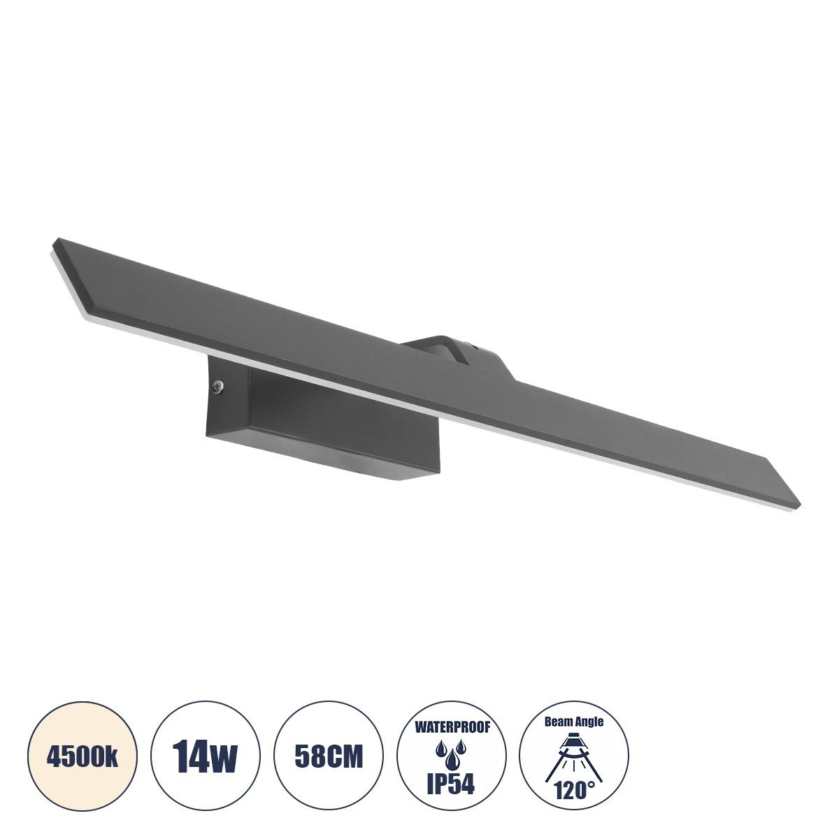 60516_0 GLOBOSTAR® MIRROR 60516 Μοντέρνο Φωτιστικό Τοίχου - Απλίκα Καθρέπτη Μπάνιου LED 14W 1680lm 120° AC 220-240V IP54 Φυσικό Λευκό 4500K - Lumileds SMD Chip & TÜV SÜD Driver - Γκρι Ανθρακί Ματ - Μ58 x Π15 x Υ6cm - 2 Χρόνια Εγγύηση - Image 1