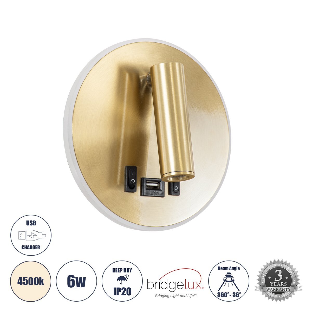 60940_0 GLOBOSTAR® LADY-R 60940 Μοντέρνο Φωτιστικό Τοίχου - Απλίκα Ξενοδοχείου Reading Light με Φορτιστή USB 3A LED 6W 600lm 36° & 360° AC 220-240V IP20 Φυσικό Λευκό 4500K - Bridgelux COB Chip & TÜV SÜD Driver - Χρυσό Βούρτσας - Μ15 x Π15 x Υ17cm - 3 Χρόνια Εγγύηση - Image 1