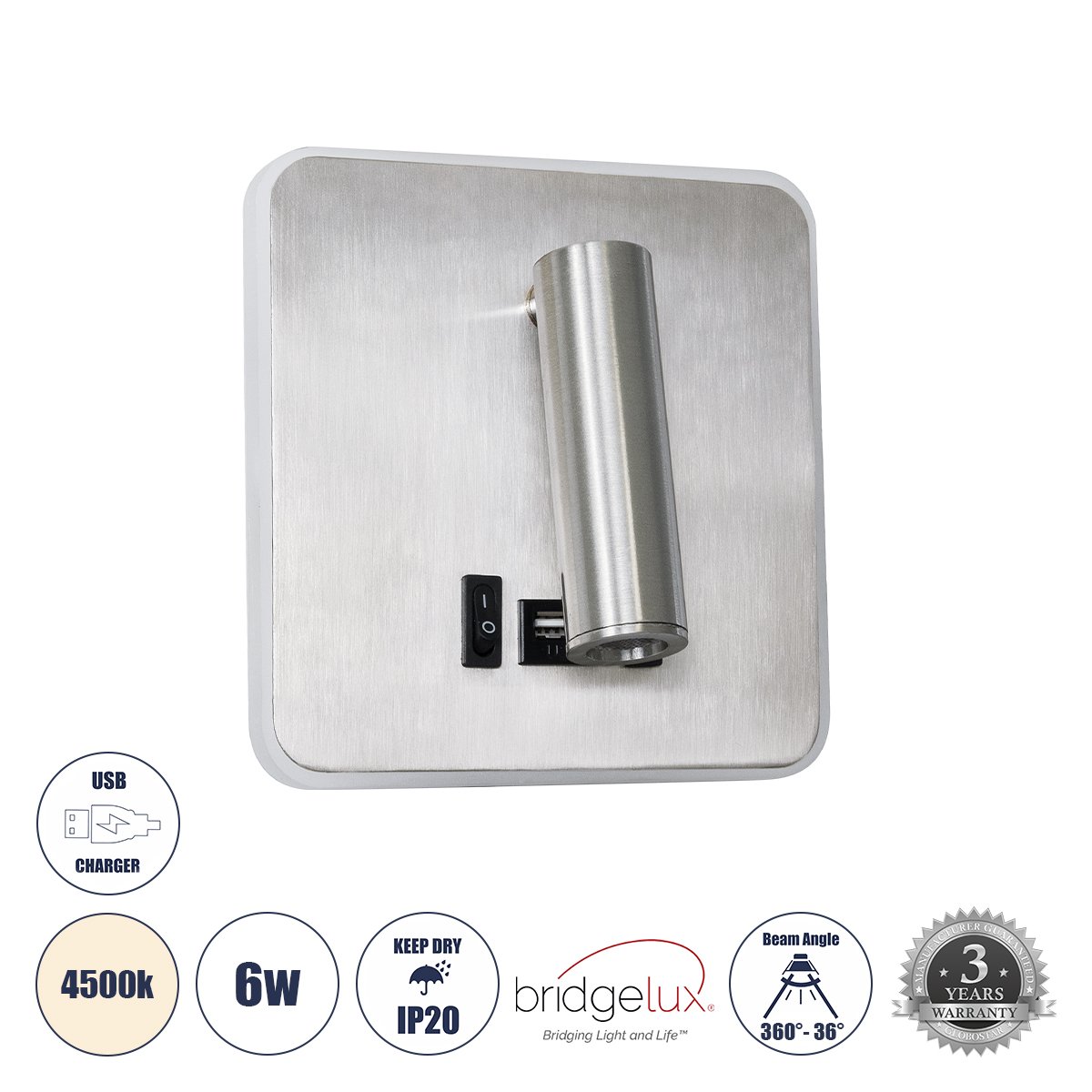 60945_0 GLOBOSTAR® LADY-S 60945 Μοντέρνο Φωτιστικό Τοίχου - Απλίκα Ξενοδοχείου Reading Light με Φορτιστή USB 3A LED 6W 600lm 36° & 360° AC 220-240V IP20 Φυσικό Λευκό 4500K - Bridgelux COB Chip & TÜV SÜD Driver - Νίκελ Βούρτσας - Μ15 x Π15 x Υ7cm - 3 Χρόνια Εγγύηση - Image 1