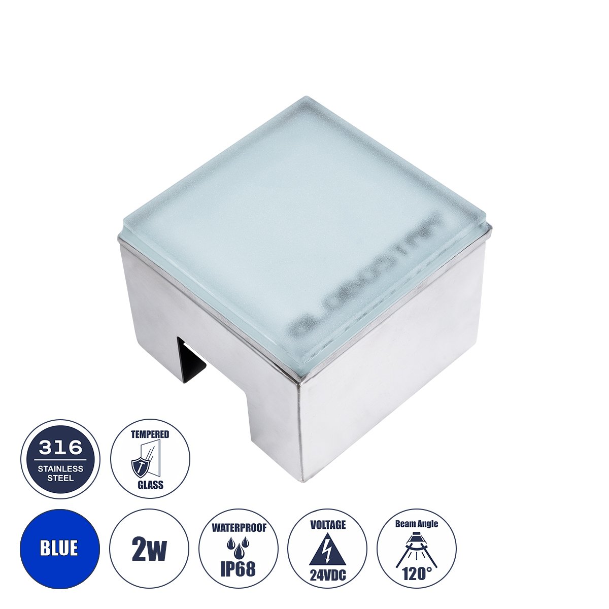 60946_0 GloboStar® CYBOLITHOS 60946 Χωνευτό Φωτιστικό Σποτ Δαπέδου LED 2W 200lm 120° DC 24V Αδιάβροχο IP68 IK06 Μ10 x Π10 x Υ8cm Μπλε Dimmable - Tempered Γαλακτερό Γυαλί & Ανοξείδωτο Ατσάλι - Bridgelux Chip - 3 Χρόνια Εγγύηση - Image 1