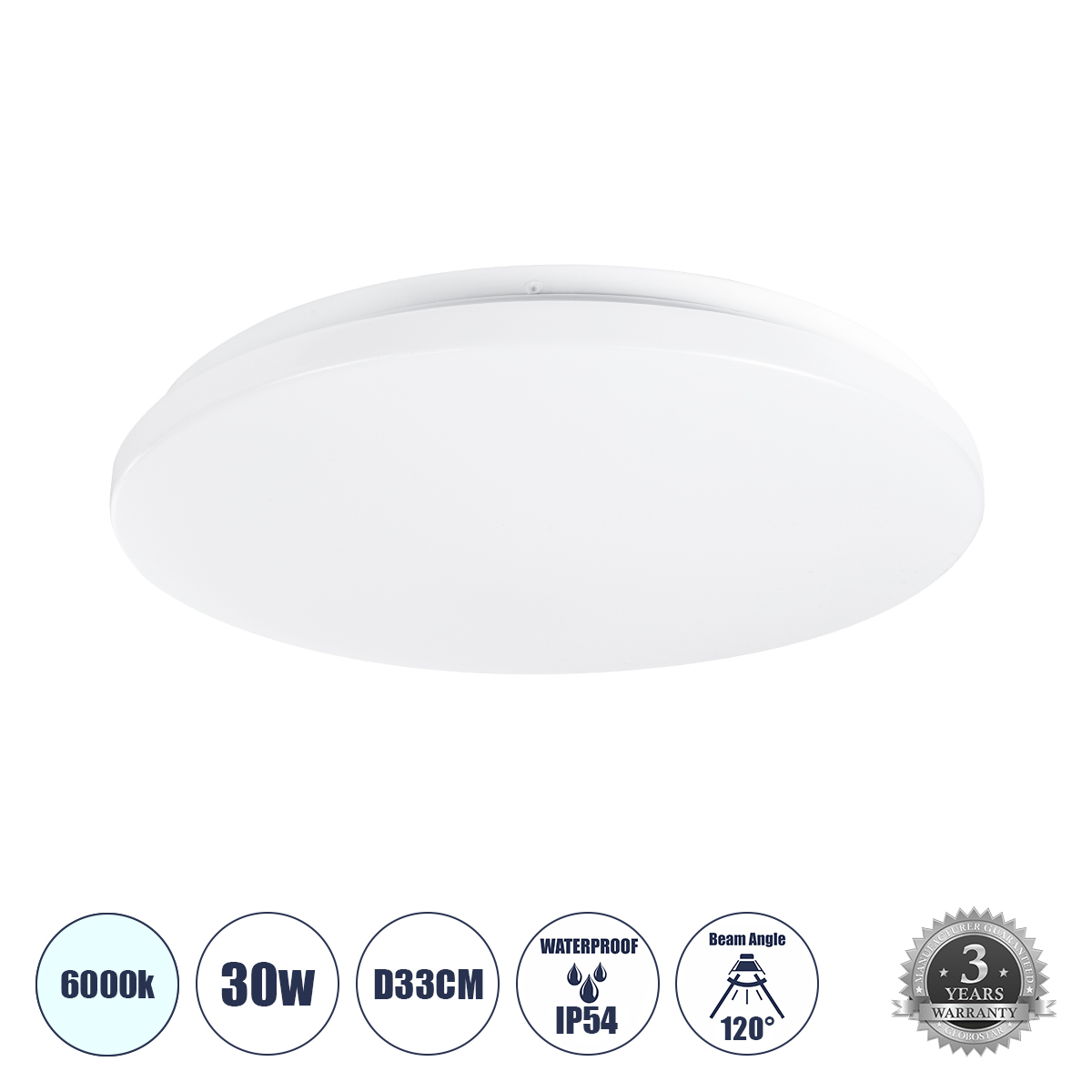 61008_0 GLOBOSTAR® CELANO 61008 Φωτιστικό Πλαφονιέρα Οροφής LED 30W 3000lm 120° AC 220-240V Αδιάβροχο IP54 Ψυχρό Λευκό 6000K - Lumileds SMD Chip - Λευκό Γαλακτερό - Μ33 x Π33 x Υ6cm - 3 Χρόνια Εγγύηση - Image 1