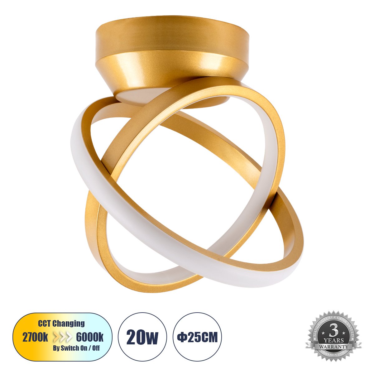 61054_0 GLOBOSTAR® AMELIA 61054 Μοντέρνο Φωτιστικό Οροφής LED 20W 2400lm 300° AC 220-240V IP20 Ρυθμιζόμενο Λευκό CCT με On/Off 2700K/4500K/6000K - Lumileds SMD Chip - Χρυσό Βούρτσας - Μ24.5 x Π16 x Υ25cm - 3 Χρόνια Εγγύηση - Image 1