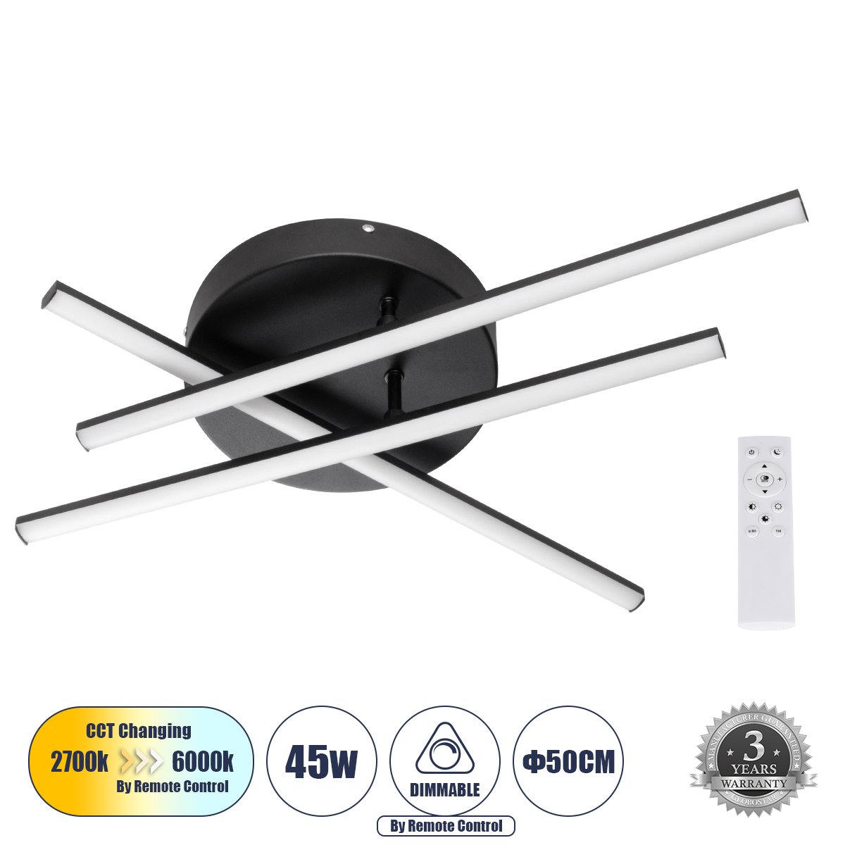 61093_0 GLOBOSTAR® DRACO 61093 Μοντέρνο Φωτιστικό Οροφής LED 45W 5535lm 120° AC 220-240V IP20 Ρυθμιζόμενο Λευκό CCT με Χειριστήριο από 2700K έως 6000K Dimmable - Lumileds SMD Chip - Μαύρο Ματ - Μ50 x Π50 x Υ11cm - 3 Χρόνια Εγγύηση - Image 1