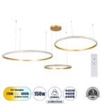 GLOBOSTAR® DIAMOND TRIO 61147 Μοντέρνο Κρεμαστό Φωτιστικό Οροφής LED 150W 18379lm 360° AC 220-240V IP20 Ρυθμιζόμενο Λευκό CCT με Χειριστήριο από 2700K έως 6000K Dimmable - Lumileds SMD Chip - Χρυσό Βούρτσας - Μ170 x Π170 x Υ60cm - 3 Χρόνια Εγγύηση