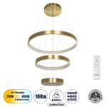 GLOBOSTAR® NEMESIS TRIO 61169 Μοντέρνο Κρεμαστό Φωτιστικό Οροφής LED 100W 12123lm 360° AC 220-240V IP20 Ρυθμιζόμενο Λευκό CCT με Χειριστήριο από 2700K έως 6000K Dimmable - Lumileds SMD Chip - Χρυσό Βούρτσας - Μ60 x Π60 x Υ60cm - 3 Χρόνια Εγγύηση