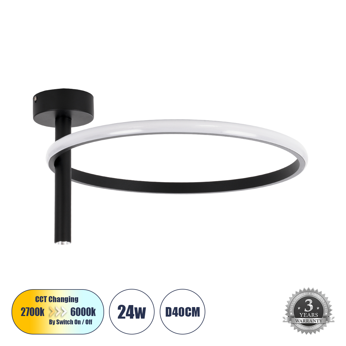 61220_0 GLOBOSTAR® VERONA 61220 Μοντέρνο Φωτιστικό Οροφής LED 24W 2688lm 360° AC 220-240V IP20 Ρυθμιζόμενο Λευκό CCT με On/Off 2700K/4500K/6000K - Lumileds SMD Chip - Μαύρο Ματ - Μ40 x Π40 x Υ23cm - 3 Χρόνια Εγγύηση - Image 1