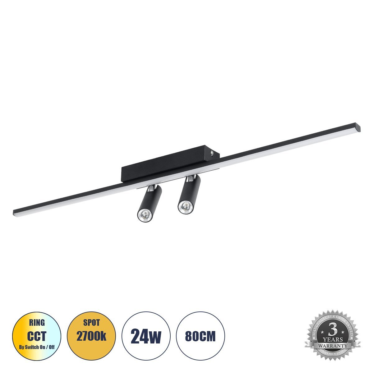 61226_0 GLOBOSTAR® BARETTI 61226 Μοντέρνο Φωτιστικό Οροφής LED 24W 2688lm 160° & 45° AC 220-240V IP20 Ρυθμιζόμενο Λευκό CCT με On/Off 2700K/4500K/6000K - Lumileds SMD Chip - Μαύρο Ματ - Μ80 x Π5 x Υ15cm - 3 Χρόνια Εγγύηση - Image 1