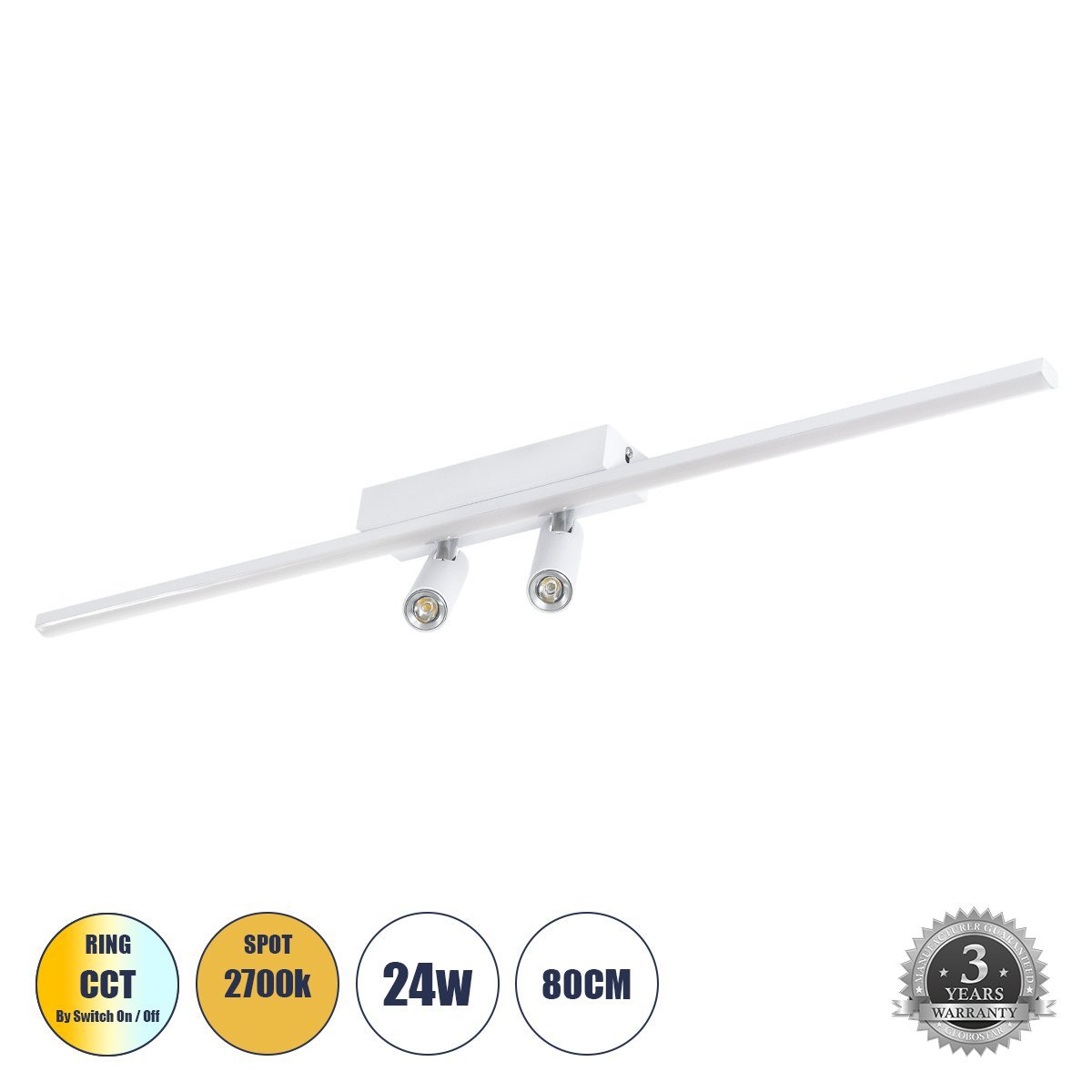 61227_0 GLOBOSTAR® BARETTI 61227 Μοντέρνο Φωτιστικό Οροφής LED 24W 2688lm 160° & 45° AC 220-240V IP20 Ρυθμιζόμενο Λευκό CCT με On/Off 2700K/4500K/6000K - Lumileds SMD Chip - Λευκό Ματ - Μ80 x Π5 x Υ15cm - 3 Χρόνια Εγγύηση - Image 1