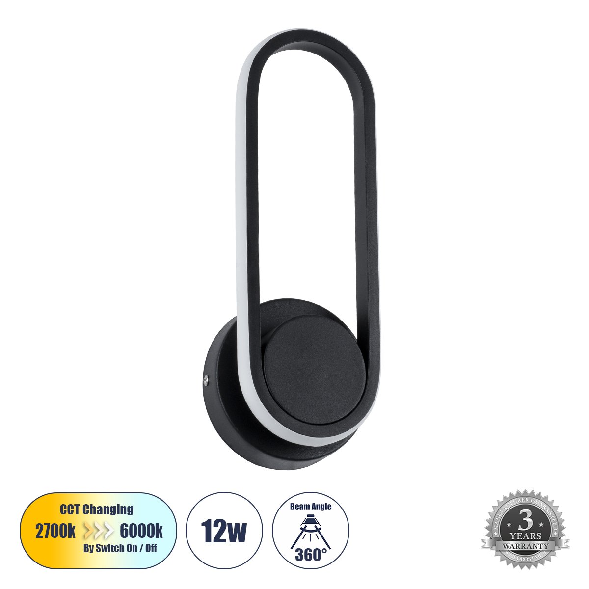 61345_0 GLOBOSTAR® DALLAS 61345 Μοντέρνο Φωτιστικό Τοίχου - Απλίκα LED 12W 1440lm 360° AC 220-240V IP20 Ρυθμιζόμενο Λευκό CCT με On/Off 2700K/4500K/6000K - Lumileds SMD Chip - Μαύρο Ματ - Μ12 x Π6.5 x Υ32cm - 3 Χρόνια Εγγύηση - Image 1