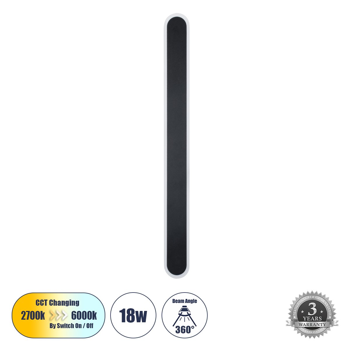 61347_0 GLOBOSTAR® HOUSTON 61347 Μοντέρνο Φωτιστικό Τοίχου - Απλίκα LED 18W 2160lm 360° AC 220-240V IP20 Ρυθμιζόμενο Λευκό CCT με On/Off 2700K/4500K/6000K - Lumileds SMD Chip - Μαύρο Ματ - Μ6 x Π3 x Υ60cm - 3 Χρόνια Εγγύηση - Image 1