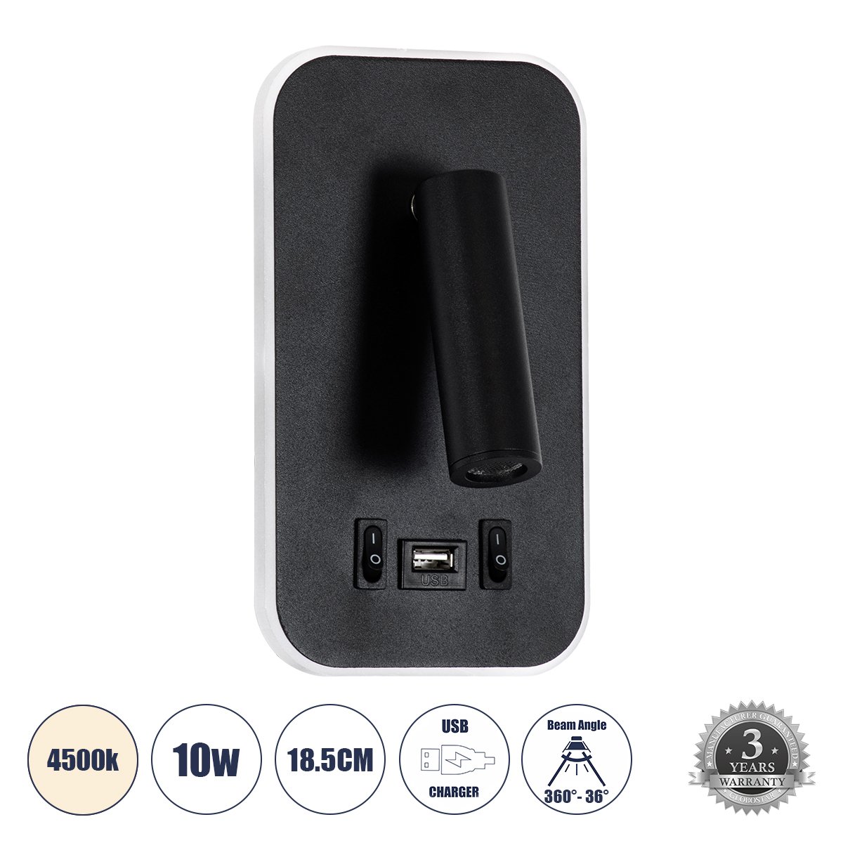 61363_00 GLOBOSTAR® LADY-O 61363 Μοντέρνο Φωτιστικό Τοίχου - Απλίκα Ξενοδοχείου Reading Light με Φορτιστή USB 3A LED 10W 1000lm 36° & 360° AC 220-240V IP20 Φυσικό Λευκό 4500K - Bridgelux COB Chip & TÜV SÜD Driver - Μαύρο Ματ - Μ10.5 x Π10 x Υ18.5cm - 3 Χρόνια Εγγύηση - Image 1
