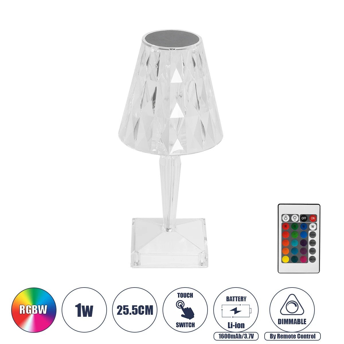 62042_0 GLOBOSTAR® CRYSTAL 62042 Μοντέρνο Επιτραπέζιο Φωτιστικό Πορτατίφ LED 1W 100lm 360° DC 5V USB-C με Επαναφορτιζόμενη Μπαταρία Li-ion 3.7V 1600mAh IP44 Πολύχρωμο RGBW με Χειριστήριο Dimmable - Sanan SMD Chip - Διάφανο - Μ11.5 x Π11.5 x Υ25.5cm - 3 Χρόνια Εγγύηση - Image 1