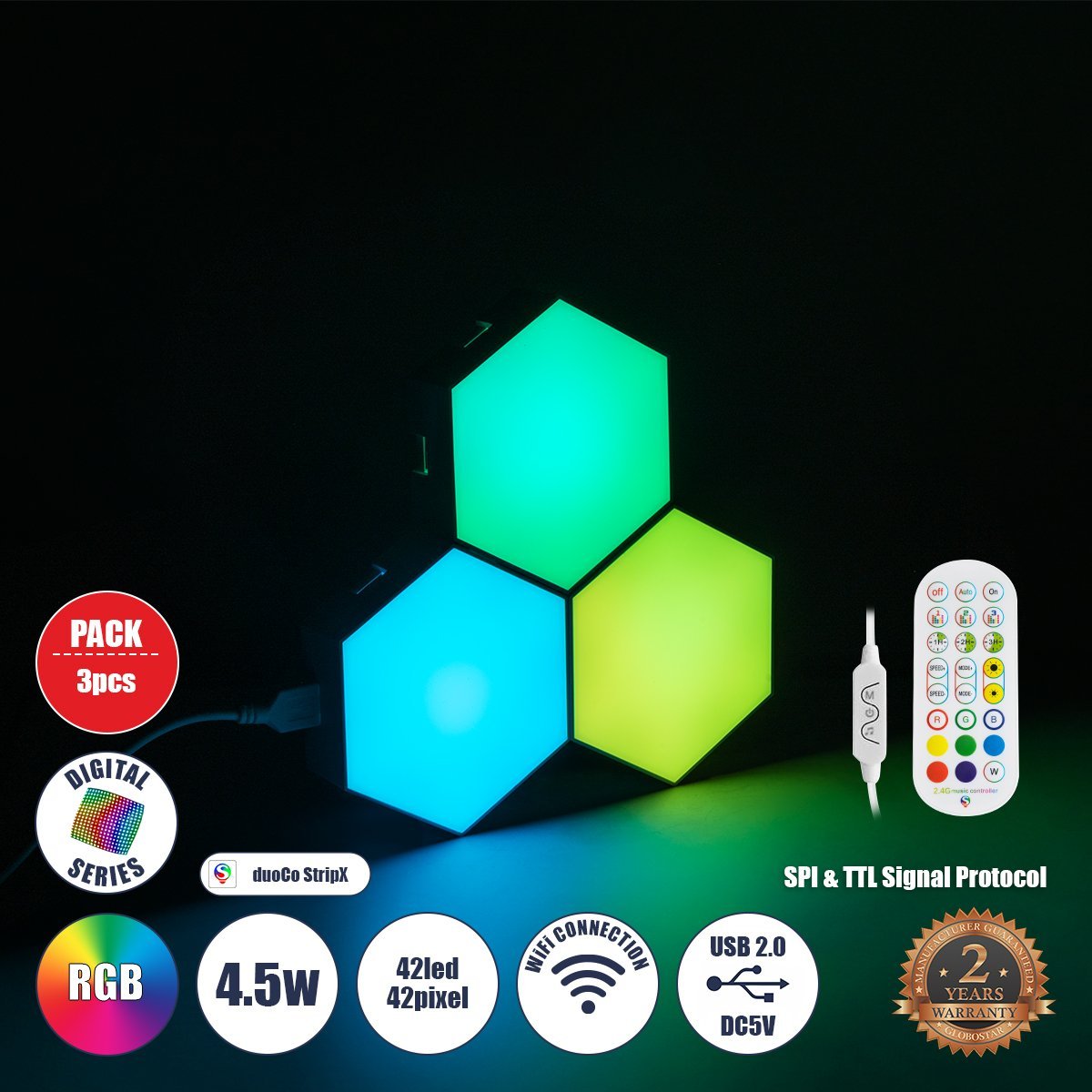 90447_00 GloboStar® DIGIOCTA 90447 Σετ 3 Ψηφιακων LED RGB Φωτιστικών Κυψελών με Ψηφιακό Controller με WiFi Smart APP & Ασύρματο Χειριστήριο RF 2.4Ghz - LED SMD 5050 4.5W/Σετ 42PIXEL/Σετ 360lm/Σετ 120° DC 5V με USB 2.0 IP20 Πολύχρωμο RGB - Dimmable - Μ10.5 x Π10.5 x Υ3cm Ανά Κυψέλη - 2 Χρόνια Εγγύηση - Image 1