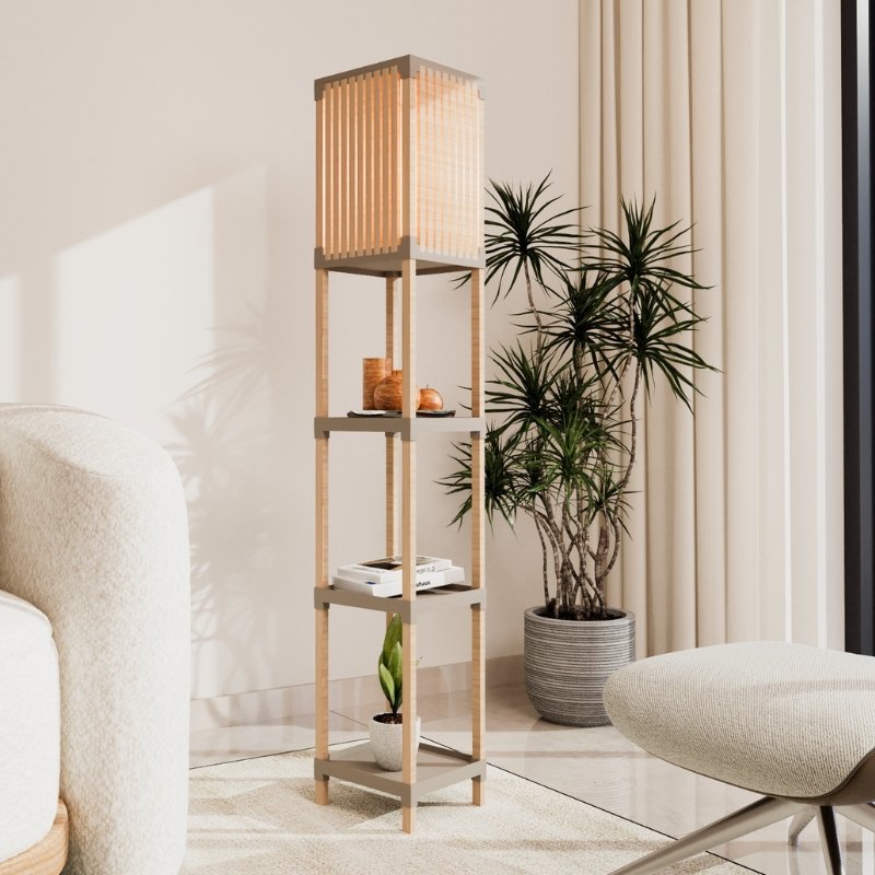 FIX-2020-2-0 Φωτιστικό δαπέδου ξύλινο - πλαστικό χρώμα φυσικό - μπεζ 24x22x137εκ. - Image 1