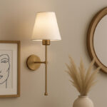 Απλίκα τοίχου Verma Megapap E27 υφασμάτινη - μεταλλική χρώμα χρυσό - κρεμ 13x13x50εκ. - Image 2