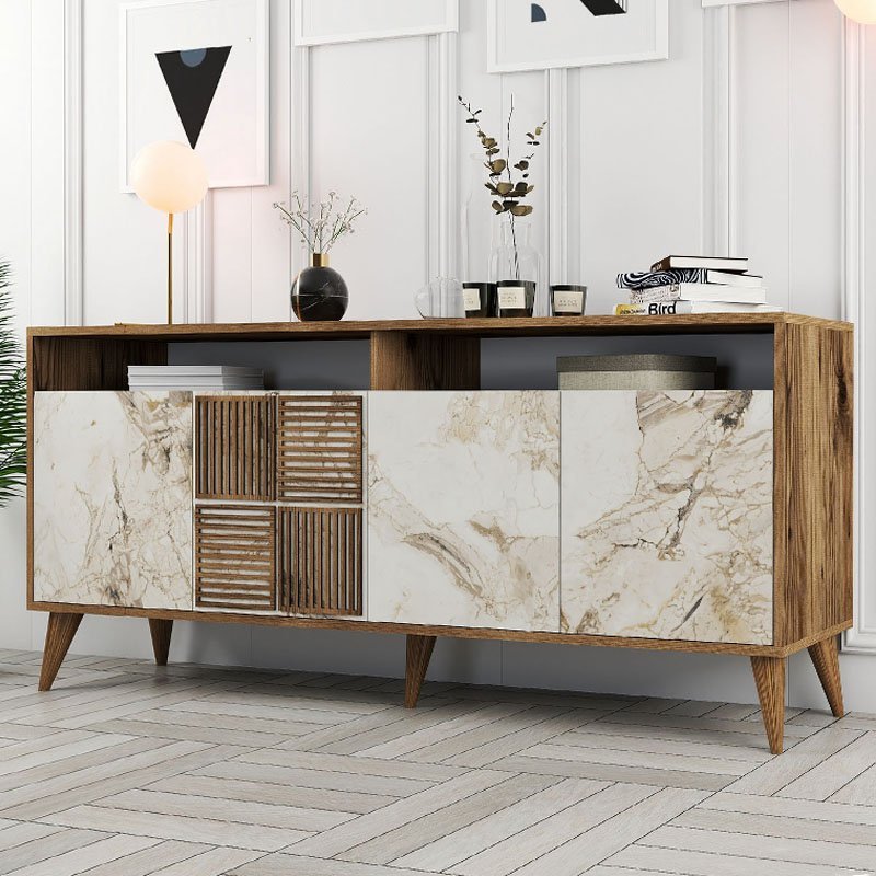 GP052-01191-0 Μπουφές Milan Megapap χρώμα καρυδί - λευκό εφέ μαρμάρου 180x35x78,6εκ. - Image 1