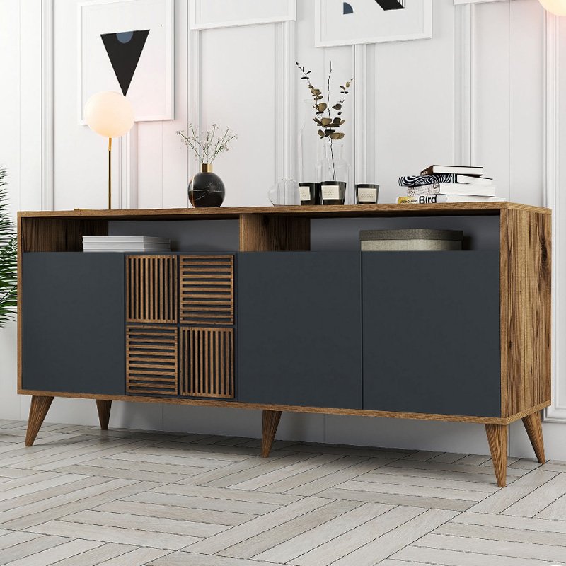 GP052-01192-0 Μπουφές Milan Megapap χρώμα καρυδί - ανθρακί 180x35x78,6εκ. - Image 1