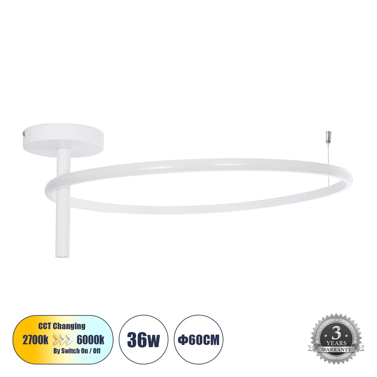ec6522_61224_0 GLOBOSTAR® VERONA 61224 Μοντέρνο Φωτιστικό Οροφής LED 36W 4032lm 360° AC 220-240V IP20 Ρυθμιζόμενο Λευκό CCT με On/Off 2700K/4500K/6000K - Lumileds SMD Chip - Λευκό Ματ - Μ60 x Π60 x Υ23cm - 3 Χρόνια Εγγύηση - Image 1
