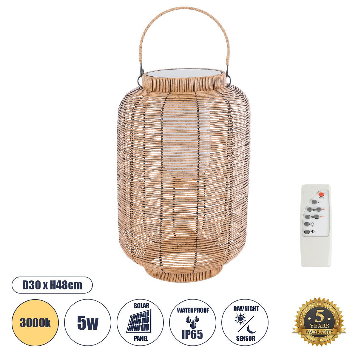 02304_00 GLOBOSTAR® GRAMBIAN 02304 Boho Επιδαπέδιο Φωτιστικό LED 5W 200lm 180° με Φωτοβολταϊκό Panel 3.6V 0.1W με Αισθητήρα Ημέρας/Νύχτας Αδιάβροχο IP65 Θερμό Λευκό 2700K - Μπεζ - Μ30 x Π30 x Υ48cm - 2 Χρόνια Εγγύηση - Image 1