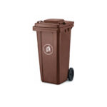 Πλαστικός κάδος απορριμμάτων 120 λίτρων σε καφέ χρώμα, ιδανικός για βιοαπόβλητα και επαγγελματικούς χώρους.