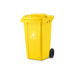 Πλαστικός κάδος απορριμμάτων 120 λίτρων σε κίτρινο χρώμα, κατάλληλος για ανακύκλωση και εύκολο διαχωρισμό απορριμμάτων.