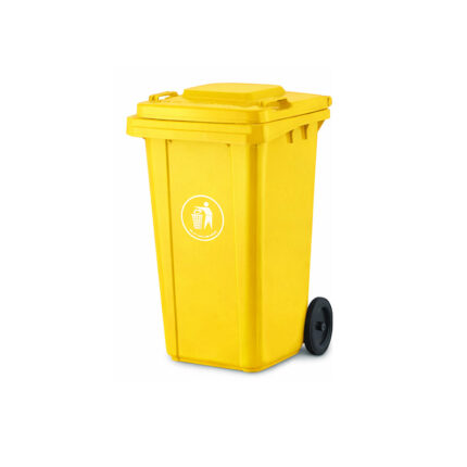 Πλαστικός κάδος απορριμμάτων 120 λίτρων σε κίτρινο χρώμα, κατάλληλος για ανακύκλωση και εύκολο διαχωρισμό απορριμμάτων.