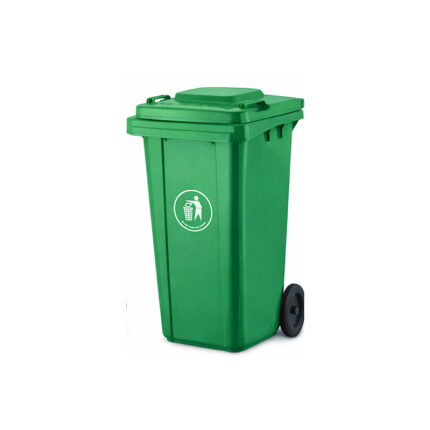 Πλαστικός κάδος απορριμμάτων 120 λίτρων σε πράσινο χρώμα, ιδανικός για οργανικά ή γενική χρήση σε εξωτερικούς χώρους.