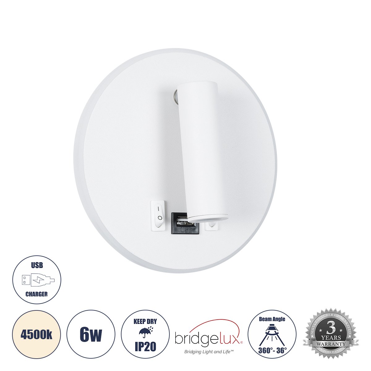 60938_0 GLOBOSTAR® LADY-R 60939 Μοντέρνο Φωτιστικό Τοίχου - Απλίκα Ξενοδοχείου Reading Light με Φορτιστή USB 3A LED 6W 600lm 36° & 360° AC 220-240V IP20 Φυσικό Λευκό 4500K - Bridgelux COB & TÜV SÜD Driver - Λευκό Ματ - Μ15 x Π15 x Υ17cm - 3 Χρόνια Εγγύηση - Image 1