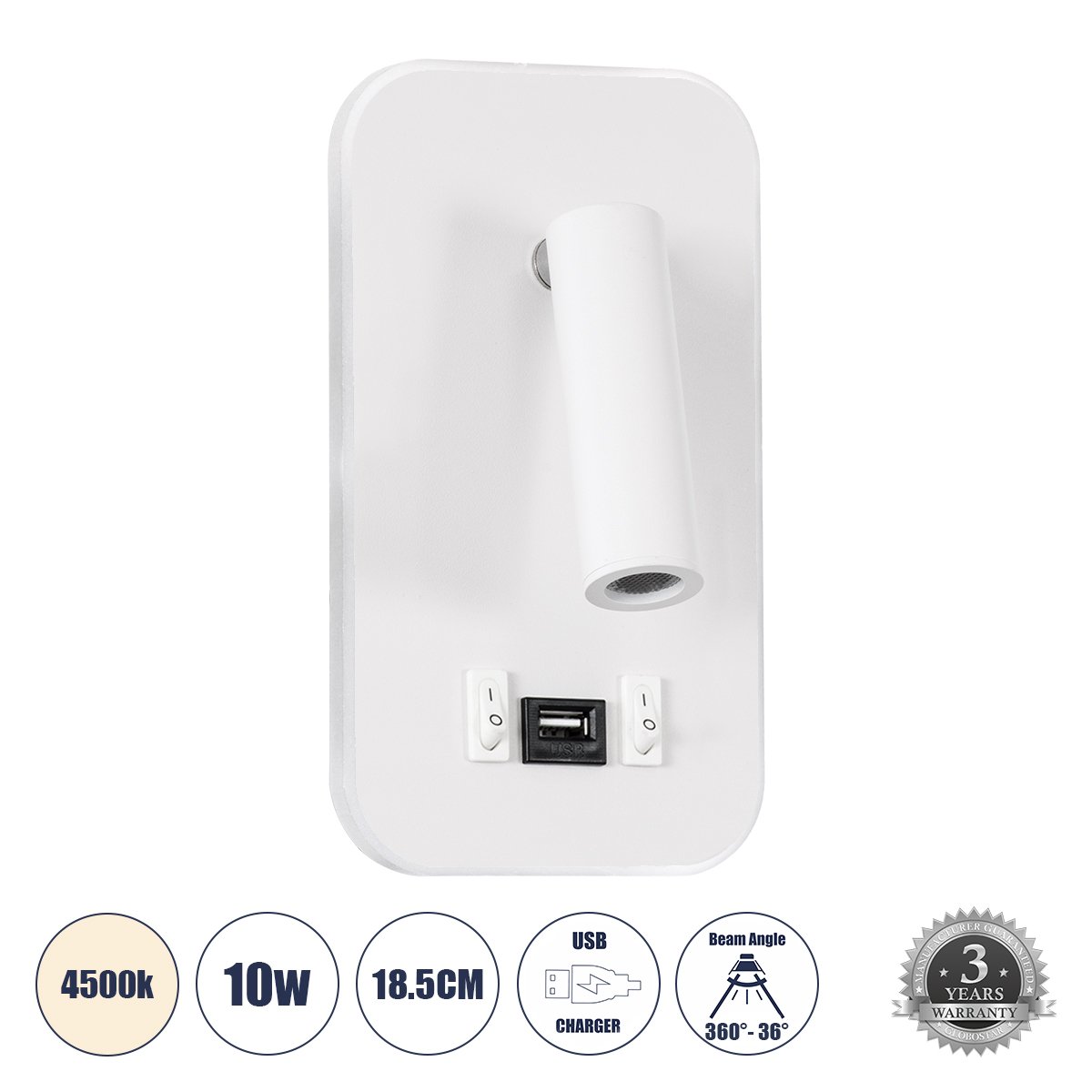61364_0 GLOBOSTAR® LADY-O 61364 Μοντέρνο Φωτιστικό Τοίχου - Απλίκα Ξενοδοχείου Reading Light με Φορτιστή USB 3A LED 10W 1000lm 36° & 360° AC 220-240V IP20 Φυσικό Λευκό 4500K - Bridgelux COB Chip & TÜV SÜD Driver - Λευκό Ματ - Μ10.5 x Π10 x Υ18.5cm - 3 Χρόνια Εγγύηση - Image 1