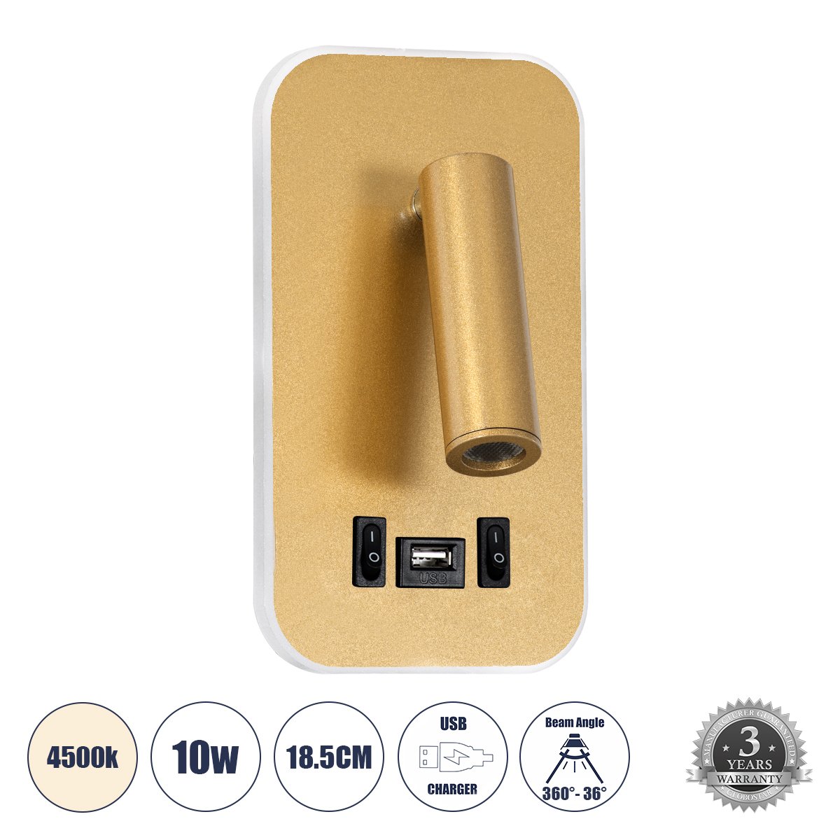 61366_0 GLOBOSTAR® LADY-O 61366 Μοντέρνο Φωτιστικό Τοίχου - Απλίκα Ξενοδοχείου Reading Light με Φορτιστή USB 3A LED 10W 1000lm 36° & 360° AC 220-240V IP20 Φυσικό Λευκό 4500K - Bridgelux COB Chip & TÜV SÜD Driver - Χρυσό Βούρτσας - Μ10.5 x Π10 x Υ18.5cm - 3 Χρόνια Εγγύηση - Image 1
