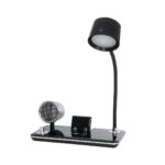 GLOBOSTAR® OLDY 76563 Μοντέρνο Επιτραπέζιο Φωτιστικό Γραφείου με Ασύρματη Φόρτιση 15W 3A, 5W Bluetooth Ηχείο & Ψηφιακό Ρολόι LED 3W 300lm 120° DC 5V με USB-C IP20 Ρυθμιζόμενο Λευκό CCT με Αφή 2700K/4500K/6000K Dimmable - Sanan SMD Chip - Μαύρο - Μ13 x Π25 x Υ43cm - 2 Χρόνια Εγγύηση