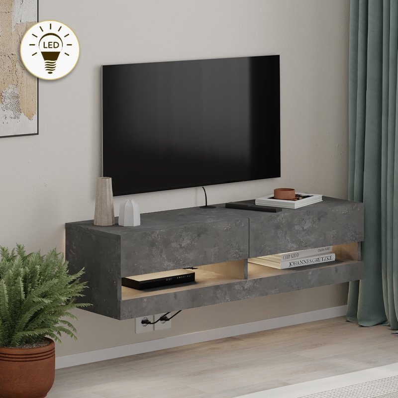 GP037-02912-0 Έπιπλο τηλεόρασης επιτοίχιο Moon Megapap με LED χρώμα γκρι ρετρό 120x33,8x30εκ. - Image 1