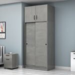 Ντουλάπα ρούχων Regio Megapap δίφυλλη συρόμενη με πατάρι χρώμα γκρι σκυροδέματος 100x60x240εκ. - Image 3