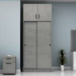 Ντουλάπα ρούχων Regio Megapap δίφυλλη συρόμενη με πατάρι χρώμα γκρι σκυροδέματος 100x60x240εκ. - Image 4